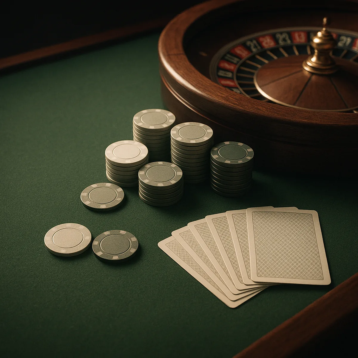 Table de casino en feutre vert avec roulette, jetons et cartes à jouer