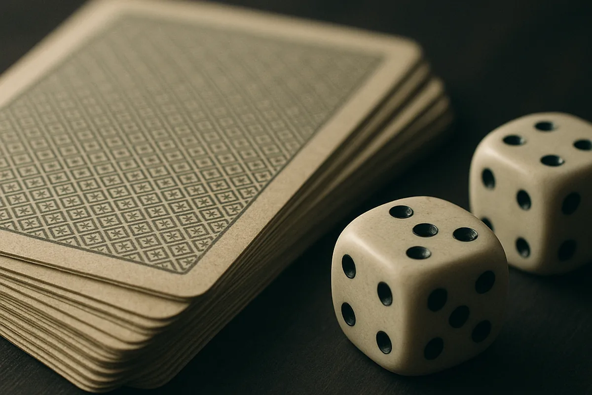 Cartes à jouer et dés posés sur une table sombre